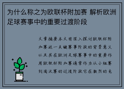 为什么称之为欧联杯附加赛 解析欧洲足球赛事中的重要过渡阶段